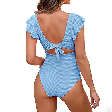 Womens Maternity 1 Piece Swimsuit V Neck Ruffled Short Sleeves Textured Designed Bikini
