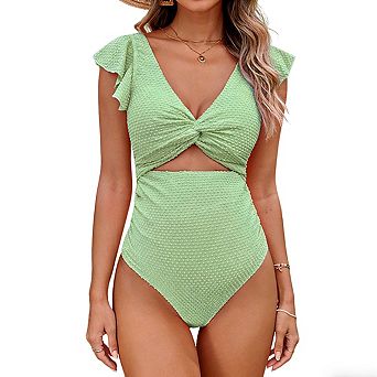 Womens Maternity 1 pc Swimsuit V Neck Ruffled Short Sleeves Textured Designed Bikini