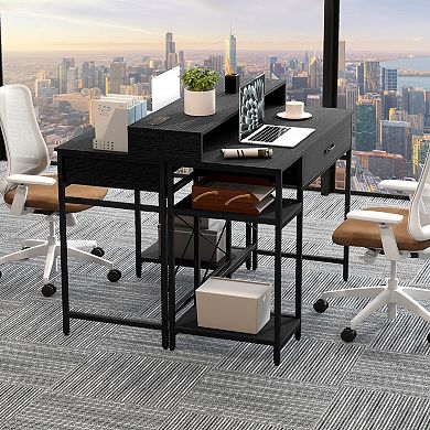 Gymax 42'' Computer Desk w/Power Outlets Hutch Drawer & 2 Open Shelves for Office