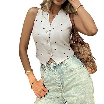 Womens V Neck Sleeveless Vest Heart Print Button Front Casual Tops