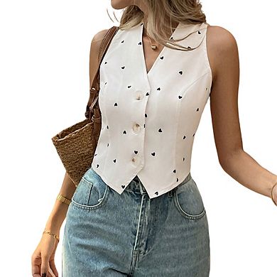 Womens V Neck Sleeveless Vest Heart Print Button Front Casual Tops