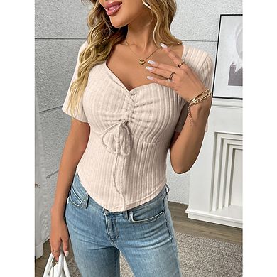 Women Summer Drawstring Front Ribbed Shirts Tops Short Sleeve Wrinkled Slim Fit Tees Casual Blouse