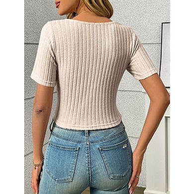 Women Summer Drawstring Front Ribbed Shirts Tops Short Sleeve Wrinkled Slim Fit Tees Casual Blouse