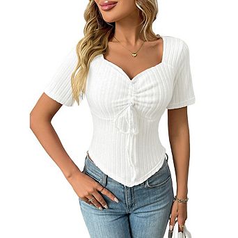 Women Summer Drawstring Front Ribbed Shirts Tops Short Sleeve Wrinkled Slim Fit Tees Casual Blouse