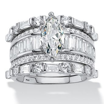 PalmBeach Jewelry 5.38 ct w. Round Cubic Zirconia Platinum-plated Silver 3 pc Wedding Ring Set