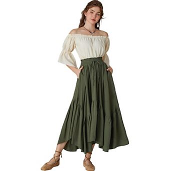 Women High Waist Skirt Layered Long Tiered Skirts Lace Up Irregular Ruffle Maxi Skirts