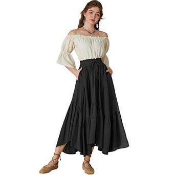 Women High Waist Skirt Layered Long Tiered Skirts Lace Up Irregular Ruffle Maxi Skirts