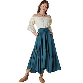 Women High Waist Skirt Layered Long Tiered Skirts Lace Up Irregular Ruffle Maxi Skirts