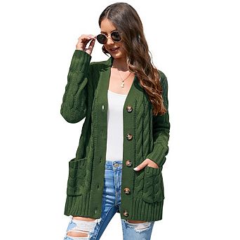 Women's Cardigan with Pockets Long Sleeve Cable Knit Button Loose Cardigan Sweater Outwear