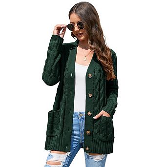 Women's Cardigan with Pockets Long Sleeve Cable Knit Button Loose Cardigan Sweater Outwear