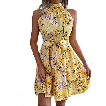 Women's Floral Sleeveless Halter Dress Flounce Hem Belted A Line Waist Shaping Dresses