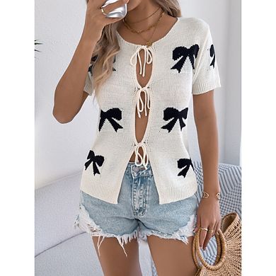 Women Color Blocking Bow Knit Cardigan Sweaters Short Sleeve Tie Front Lightweight Top