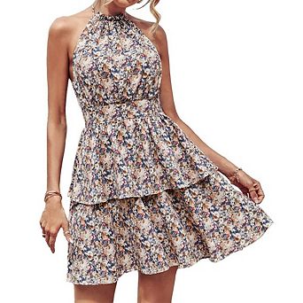 Women Casual Flowy Pleated Halter Ruffled Sleeveless A Line Printing Short Beach Dresses