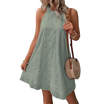 Women's Flowy Eyelet Lace Solid Color Halter Neck Dress Casual Sleeveless for Beach Holiday