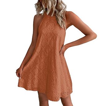 Women's Flowy Eyelet Lace Solid Color Halter Neck Dress Casual Sleeveless for Beach Holiday