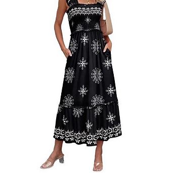 Women's Floral Maxi Dress Sleeveless Ruffle Spaghetti Straps Waist Shaping Sundress Beach