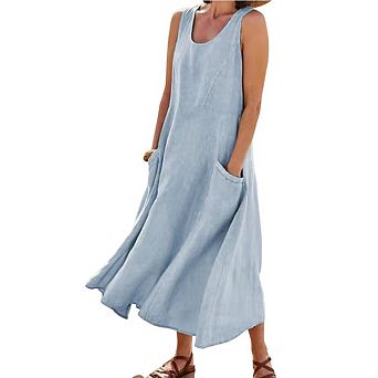 Women's Cotton Long Dress Sleeveless Crew Neck Elegant Flowy Dresses Loose Comfy with Pockets