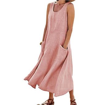 Women's Cotton Long Dress Sleeveless Crew Neck Elegant Flowy Dresses Loose Comfy with Pockets