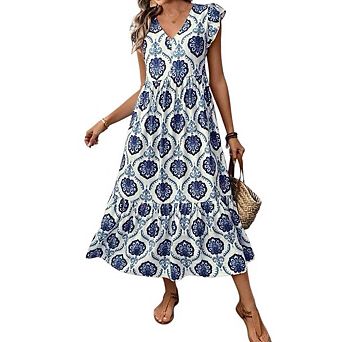 Women's Summer Floral Maxi Dress Casual Boho V Neck Ruffle Short Sleeve Beach Long Dresses
