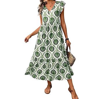 Women's Summer Floral Maxi Dress Casual Boho V Neck Ruffle Short Sleeve Beach Long Dresses