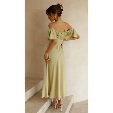 Women's V-neck Off Shoulder Formal Dress Elegant Ruffle Sleeve Side Fork Midi Dresses