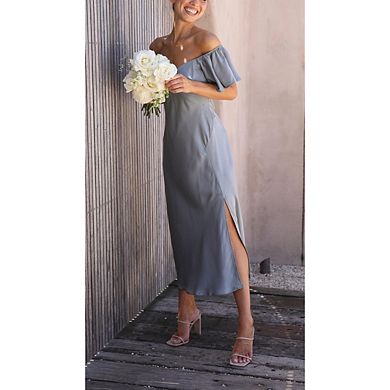 Women's V-neck Off Shoulder Formal Dress Elegant Ruffle Sleeve Side Fork Midi Dresses