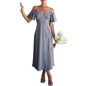 Women's V-neck Off Shoulder Formal Dress Elegant Ruffle Sleeve Side Fork Midi Dresses
