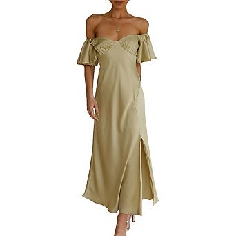 Women's V-neck Off Shoulder Formal Dress Elegant Ruffle Sleeve Side Fork Midi Dresses
