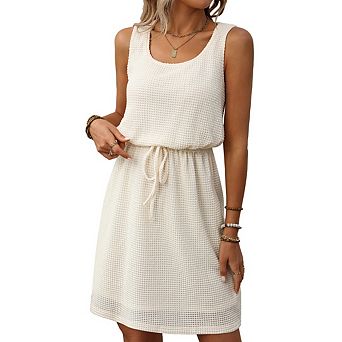 Women Summer Sleeveless Tank Dress Square Neck Elastic Drawstring Waist A-Line Casual Sundress