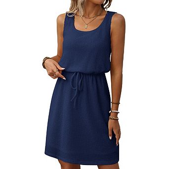 Women Summer Sleeveless Tank Dress Square Neck Elastic Drawstring Waist A-Line Casual Sundress