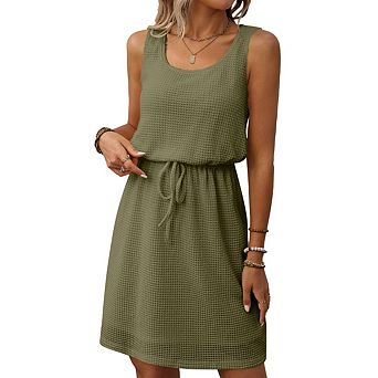 Women Summer Sleeveless Tank Dress Square Neck Elastic Drawstring Waist A-Line Casual Sundress