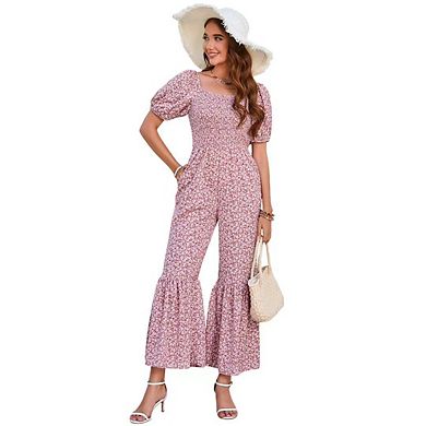 Women's Summer Smocked Jumpsuits Casual Square Neck Short Sleeve Wide Leg Rompers with Pockets