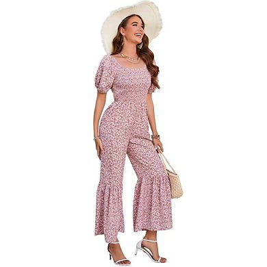 Women's Summer Smocked Jumpsuits Casual Square Neck Short Sleeve Wide Leg Rompers with Pockets