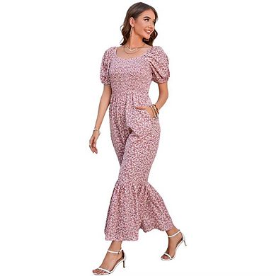 Women's Summer Smocked Jumpsuits Casual Square Neck Short Sleeve Wide Leg Rompers with Pockets