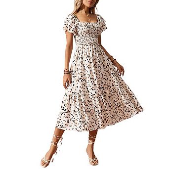 Women Casual Ruffle Floral Dresses Midi Short Sleeve Square Neck Boho Flowy Smocked Dress