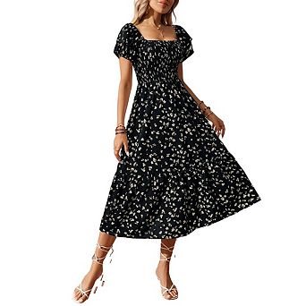 Women Casual Ruffle Floral Dresses Midi Short Sleeve Square Neck Boho Flowy Smocked Dress
