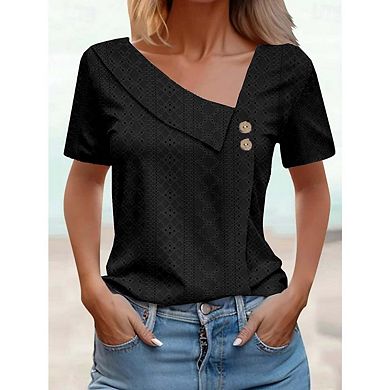 Women Trendy Casual Boho Short Sleeve Shirts Asymmetric Neckline Pullover Button Blouses Tshirts