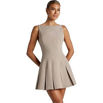 Women Backless High Waist A-Line Waist Shaping Sleeveless Pleated Elegant Solid Color Dress