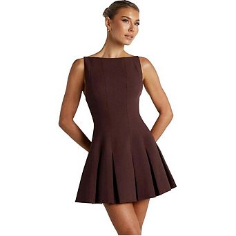 Women Backless High Waist A-Line Waist Shaping Sleeveless Pleated Elegant Solid Color Dress