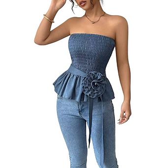 Women Smocked Tube Tops Summer Strapless Sleeveless Ruffle Tops 3D Flower Belt Bandeau Blouse Shirts
