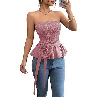 Women Smocked Tube Tops Summer Strapless Sleeveless Ruffle Tops 3D Flower Belt Bandeau Blouse Shirts