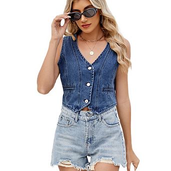 Women Vintage Denim Vest Button Down V Neck Sleeveless Slim Jean Crop Top Y2k Trendy Outfits