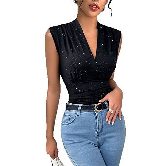 Women Summer Glitter Tank Tops V Neck Stretchy Aesthetic Lace Patchwork