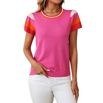 Women Summer Tops Casual Crewneck Cap Sleeve Shirts Loose Fit Lightweight Knit Sweater Pullover Top