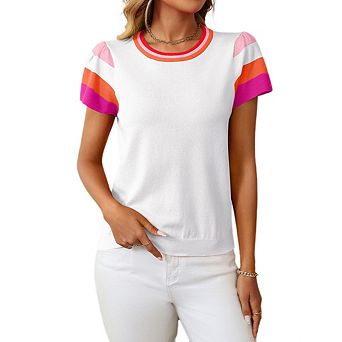 Women Summer Tops Casual Crewneck Cap Sleeve Shirts Loose Fit Lightweight Knit Sweater Pullover Top