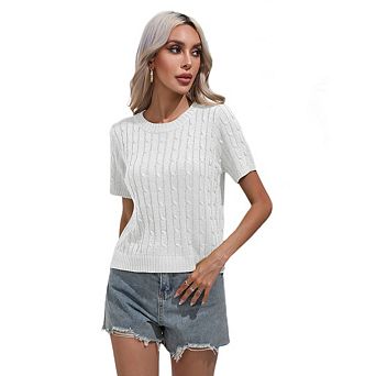 Womens Short Sleeve Cable Knit Sweater Tops Crewneck Lightweight Shirts Business Casual Outfits