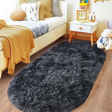 Fluffy Oval Area Rug 2.6x5.3 Ft, Soft Plush Non-Slip Shag Rug for Bedroom