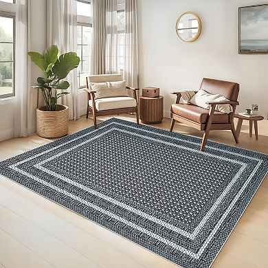 FairOnly Geometric Border Area Rug Non Slip Machine Washable Low Pile Rug for Dining Room Entryway