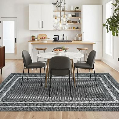 FairOnly Geometric Border Area Rug Non Slip Machine Washable Low Pile Rug for Dining Room Entryway