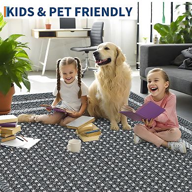 FairOnly Geometric Border Area Rug Non Slip Machine Washable Low Pile Rug for Dining Room Entryway